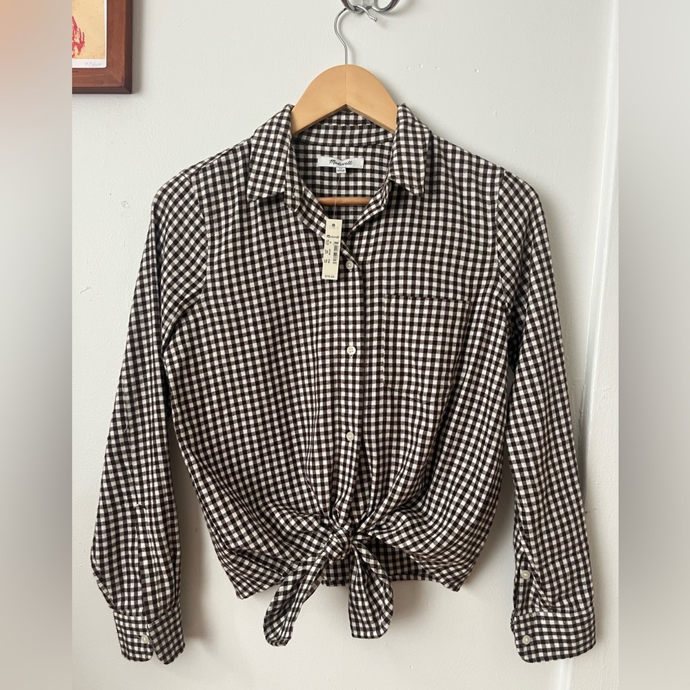 Madewell Flannel Tie-Front Shirt in Gingham Check (XS)